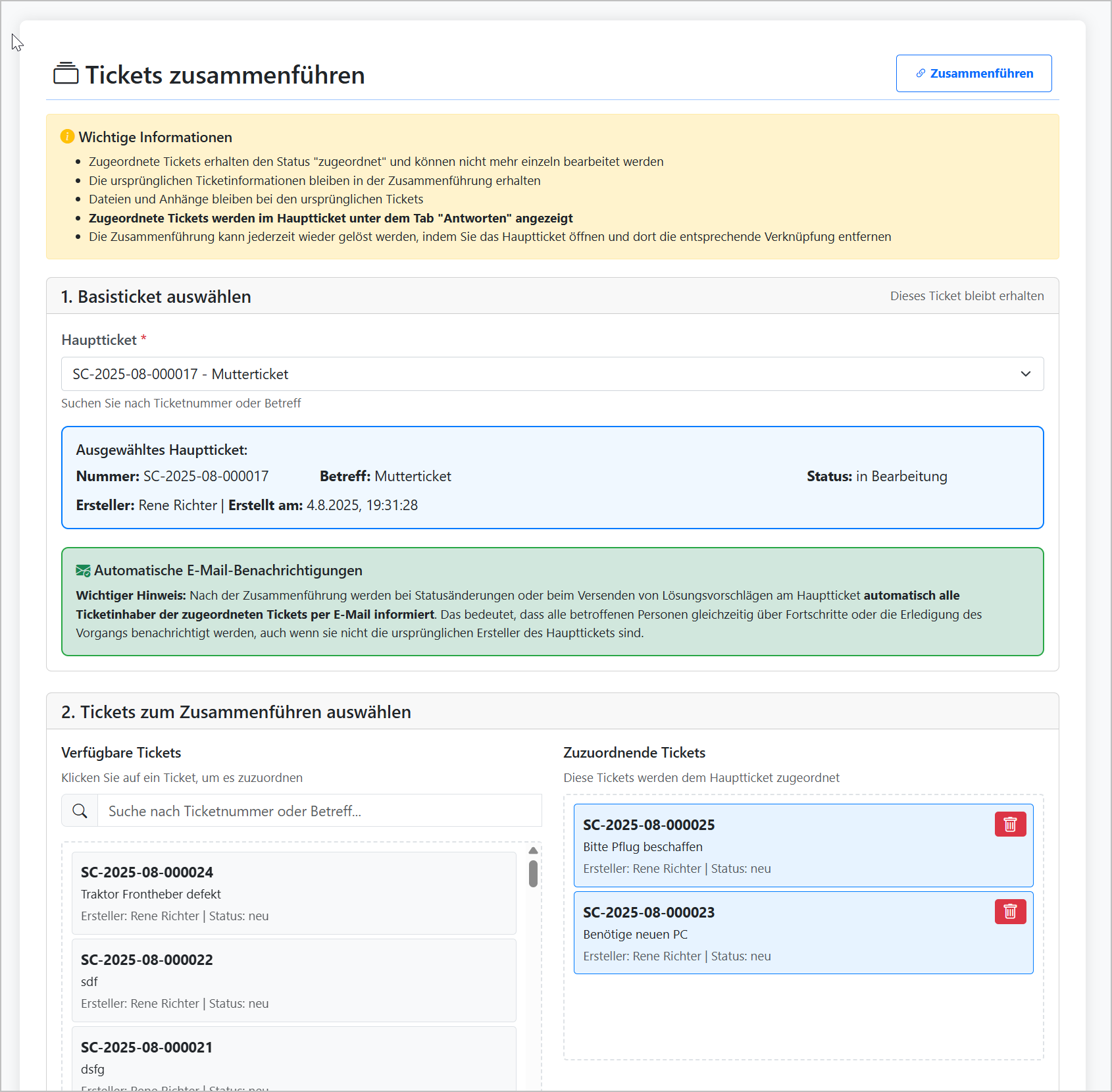 Ticket-Zusammenführung