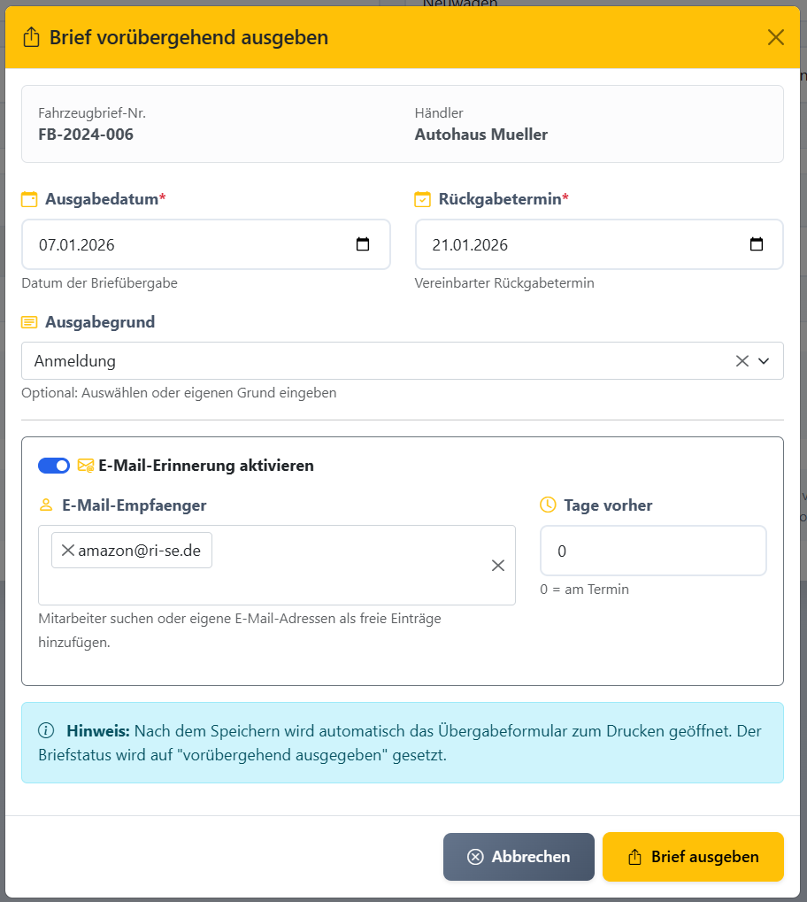Vorübergehende Briefaushändigungen